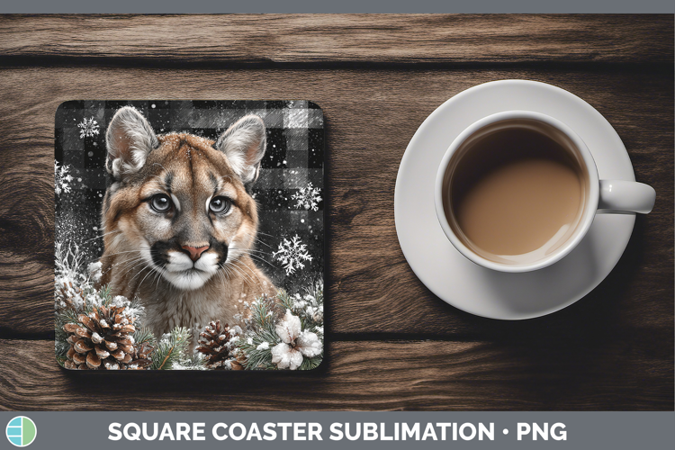 Cougar Woodland Checker Christmas Square Coaster Sublimation