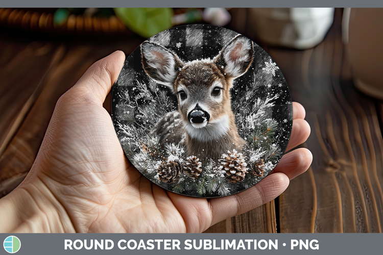Deer Woodland Checker Christmas Round Coaster Sublimation De
