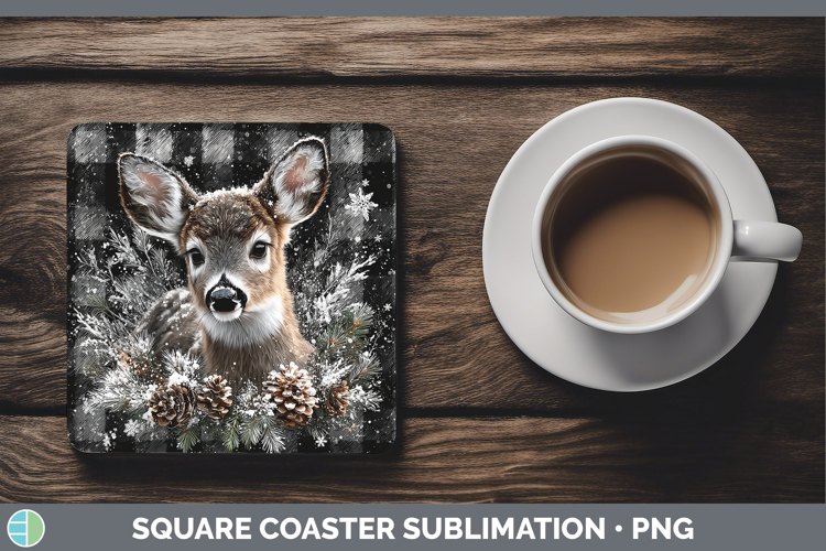 Deer Woodland Checker Christmas Square Coaster Sublimation D