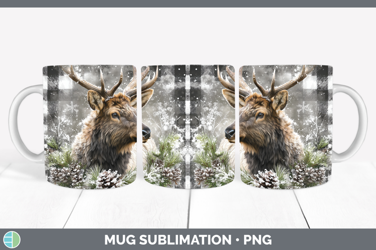 Elk Woodland Checker Christmas Mug Wrap Sublimation Design