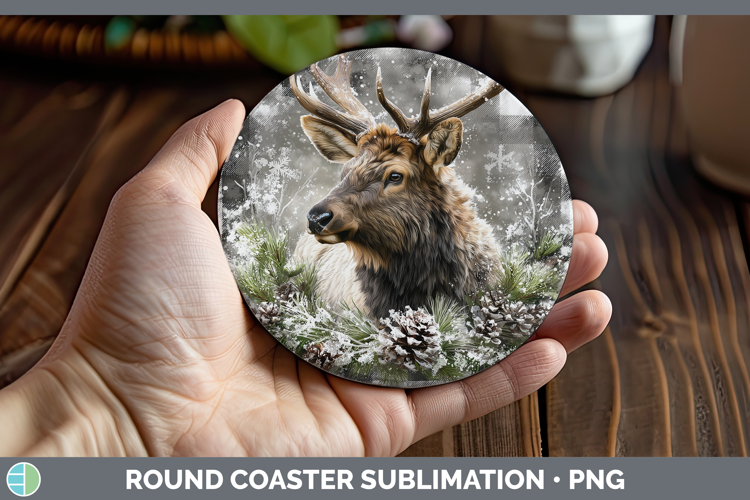 Elk Woodland Checker Christmas Round Coaster Sublimation Des