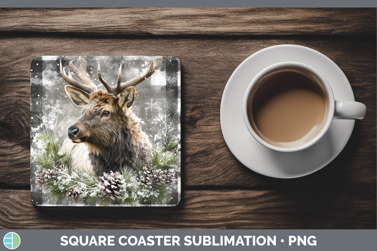 Elk Woodland Checker Christmas Square Coaster Sublimation De
