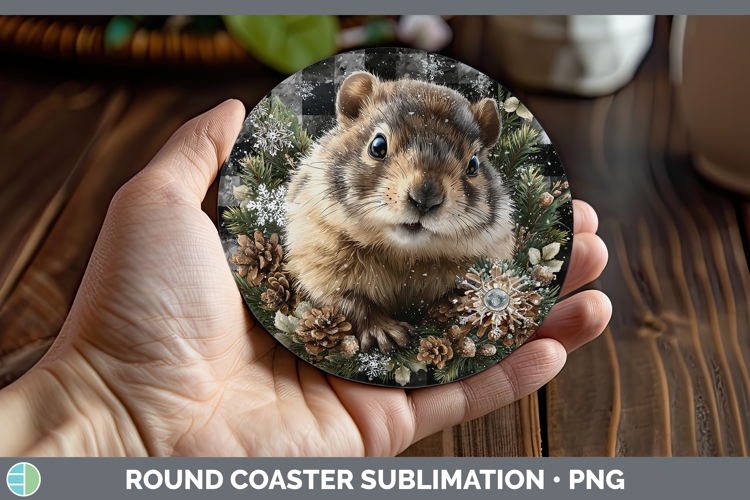 Groundhog Woodland Checker Christmas Round Coaster Sublimati
