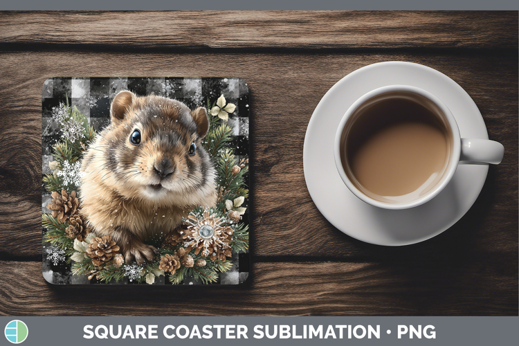 Groundhog Woodland Checker Christmas Square Coaster Sublimat