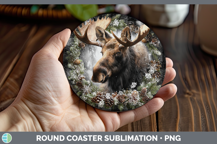 Moose Woodland Checker Christmas Round Coaster Sublimation D