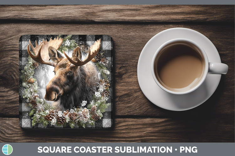 Moose Woodland Checker Christmas Square Coaster Sublimation