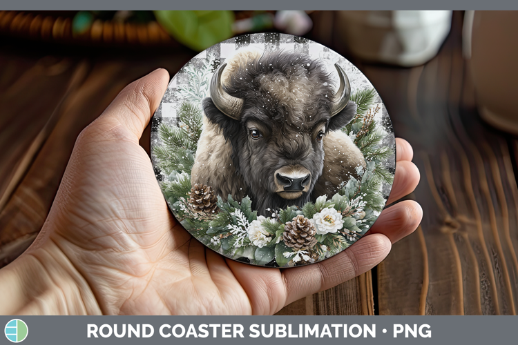 Musk Ox Woodland Checker Christmas Round Coaster Sublimation