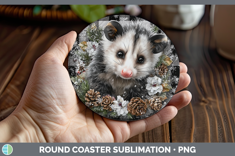 Opossum Woodland Checker Christmas Round Coaster Sublimation