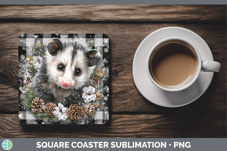 Opossum Woodland Checker Christmas Square Coaster Sublimatio