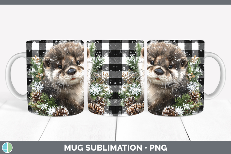 Otter Woodland Checker Christmas Mug Wrap Sublimation Design