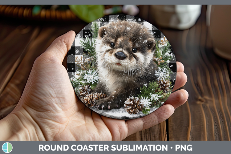 Otter Woodland Checker Christmas Round Coaster Sublimation D