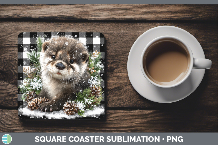 Otter Woodland Checker Christmas Square Coaster Sublimation