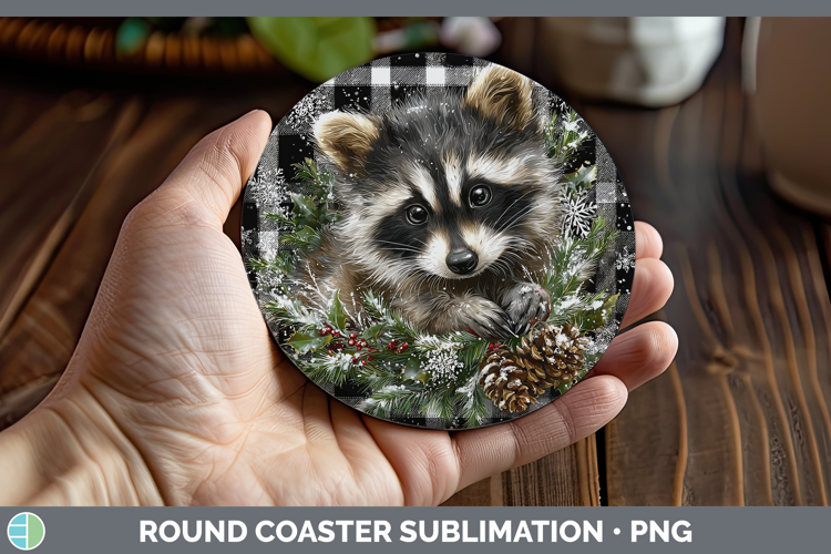 Raccoon Woodland Checker Christmas Round Coaster Sublimation