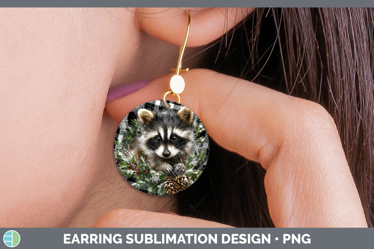 Raccoon Woodland Checker Christmas Round Earrings Sublimatio