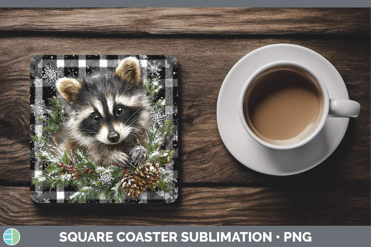 Raccoon Woodland Checker Christmas Square Coaster Sublimatio