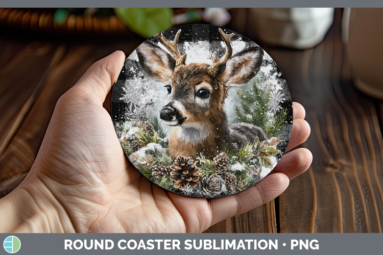 Reindeer Woodland Checker Christmas Round Coaster Sublimatio