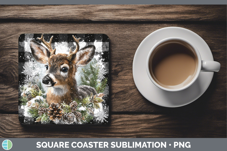 Reindeer Woodland Checker Christmas Square Coaster Sublimati