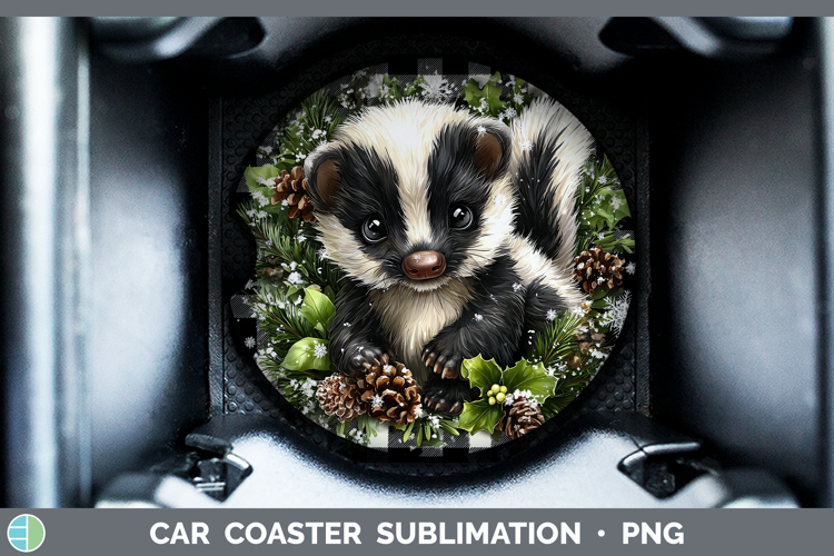 Skunk Woodland Checker Christmas Car Coaster Sublimation Des