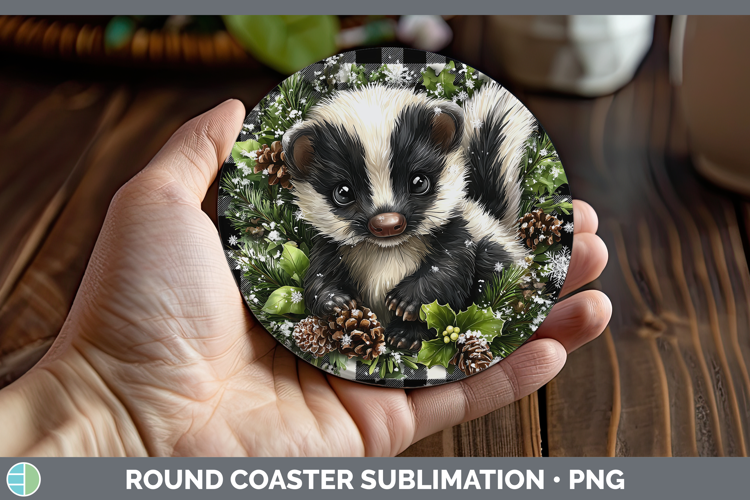 Skunk Woodland Checker Christmas Round Coaster Sublimation D