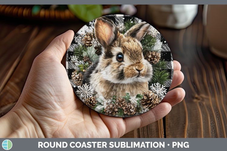 Snowshoe Hare Woodland Checker Christmas Round Coaster Subli