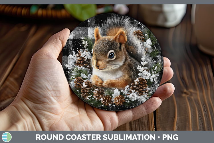 Squirrel Woodland Checker Christmas Round Coaster Sublimatio