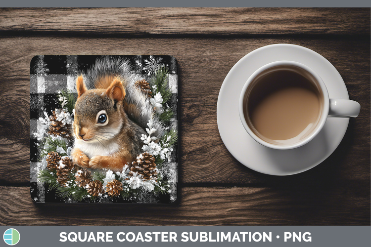 Squirrel Woodland Checker Christmas Square Coaster Sublimati