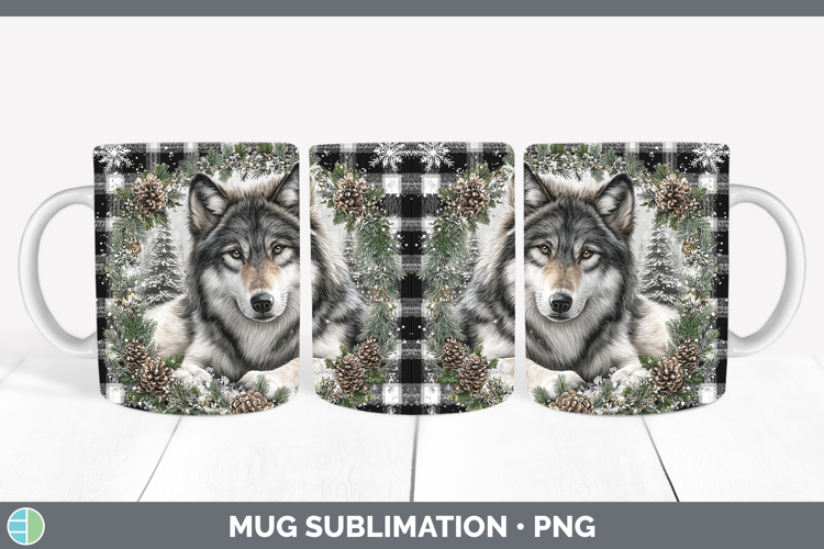 Wolf Woodland Checker Christmas Mug Wrap Sublimation Design