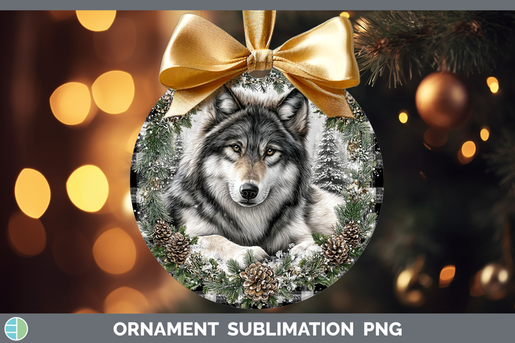 Wolf Woodland Checker Christmas Ornament Sublimation Design