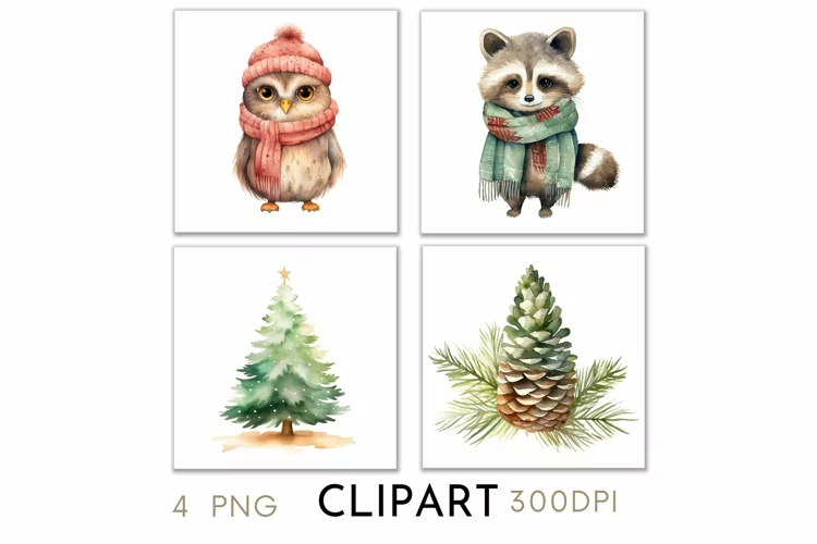 Woodland Christmas Illustrations Watercolor Clipart PNG