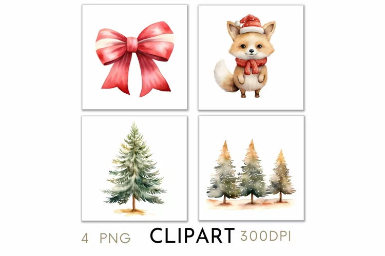 Woodland Christmas Illustrations Watercolor Clipart PNG
