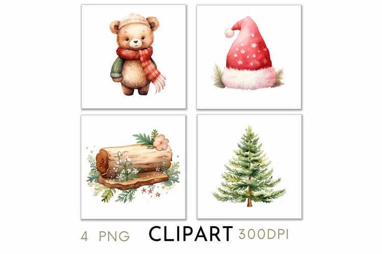 Woodland Christmas Illustrations Watercolor Clipart PNG