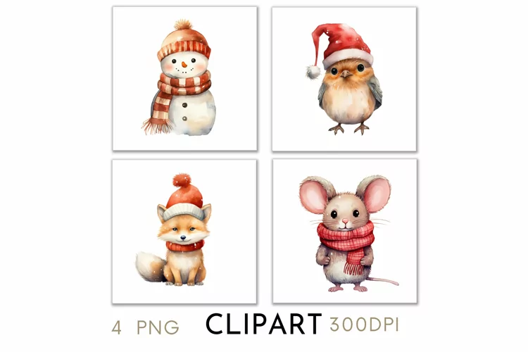 Woodland Christmas Illustrations Watercolor Clipart PNG