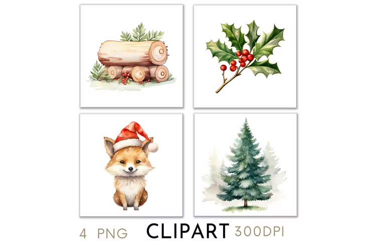 Woodland Christmas Illustrations Watercolor Clipart PNG