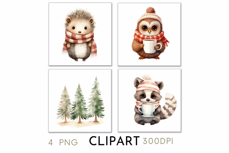 Woodland Christmas Illustrations Watercolor Clipart PNG