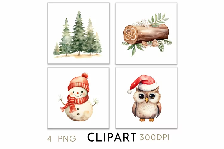 Woodland Christmas Illustrations Watercolor Clipart PNG