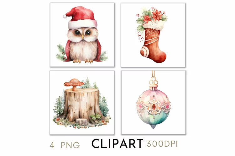 Woodland Christmas Illustrations Watercolor Clipart PNG