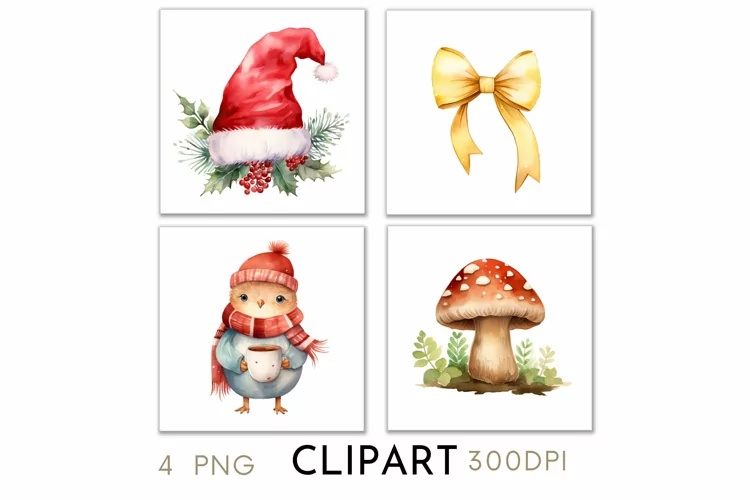 Woodland Christmas Illustrations Watercolor Clipart PNG