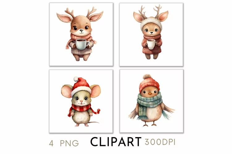 Woodland Christmas Illustrations Watercolor Clipart PNG
