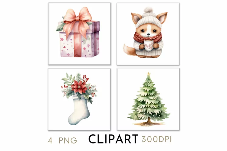 Woodland Christmas Illustrations Watercolor Clipart PNG