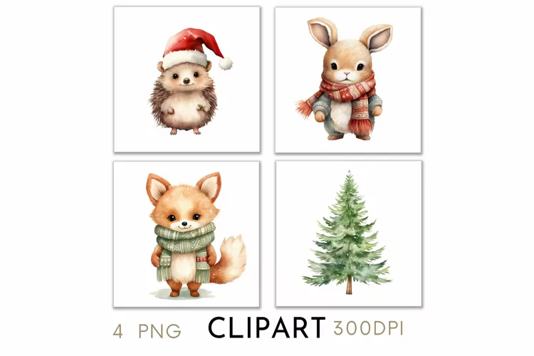 Woodland Christmas Illustrations Watercolor Clipart PNG