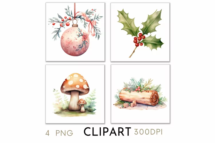 Woodland Christmas Illustrations Watercolor Clipart PNG