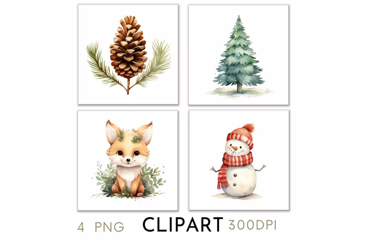 Woodland Christmas Illustrations Watercolor Clipart PNG