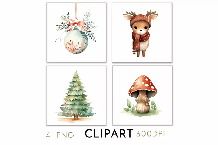 Woodland Christmas Illustrations Watercolor Clipart PNG