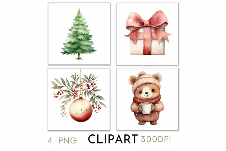Woodland Christmas Illustrations Watercolor Clipart PNG