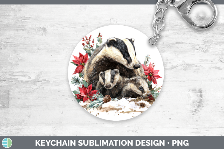 Badger Keychain Woodland Christmas Poinsettia Sublimation Ke