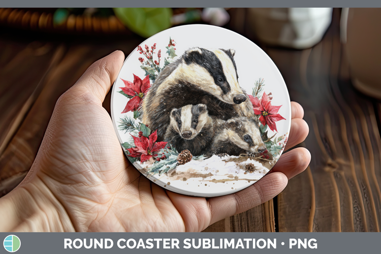 Badger Round Coaster Woodland Christmas Poinsettia Sublimati