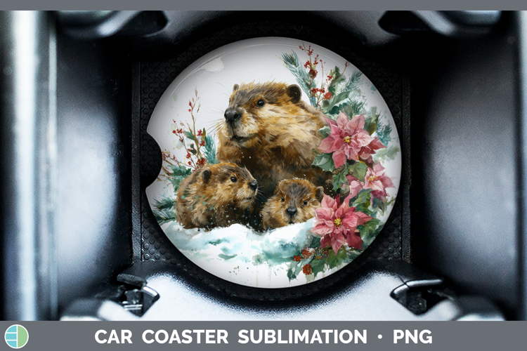 Beaver Car Coaster Woodland Christmas Poinsettia Sublimation