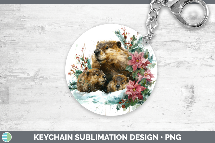 Beaver Keychain Woodland Christmas Poinsettia Sublimation Ke