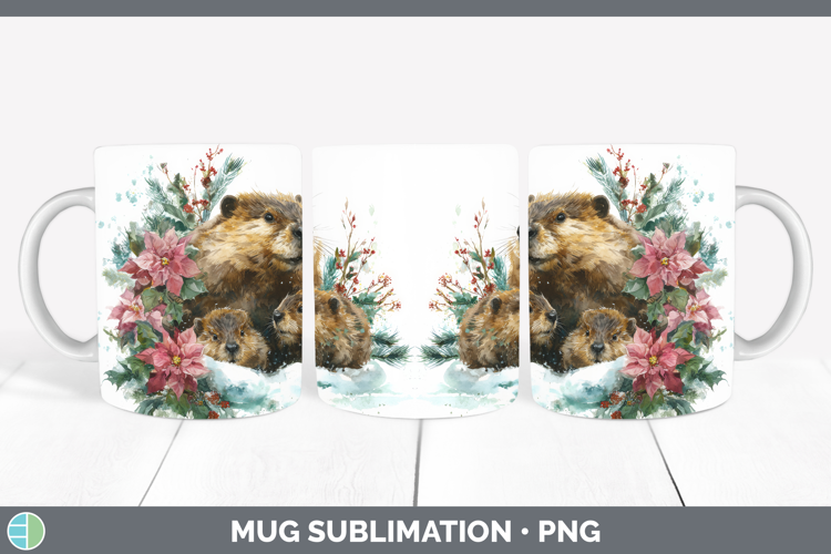 Beaver Mug Wrap Woodland Christmas Poinsettia Sublimation Co