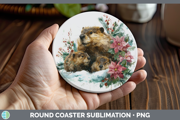 Beaver Round Coaster Woodland Christmas Poinsettia Sublimati